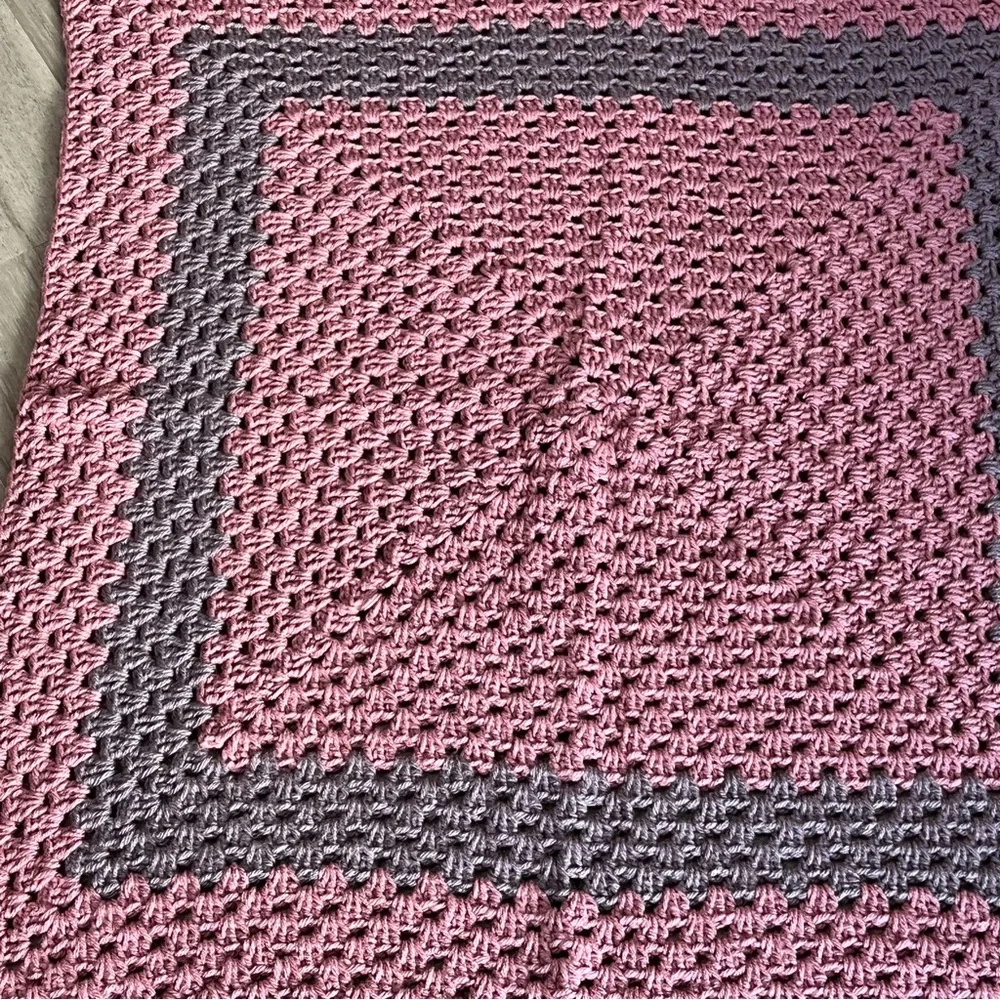 New Handmade Crochet Pink & Gray Granny Square Blanket
